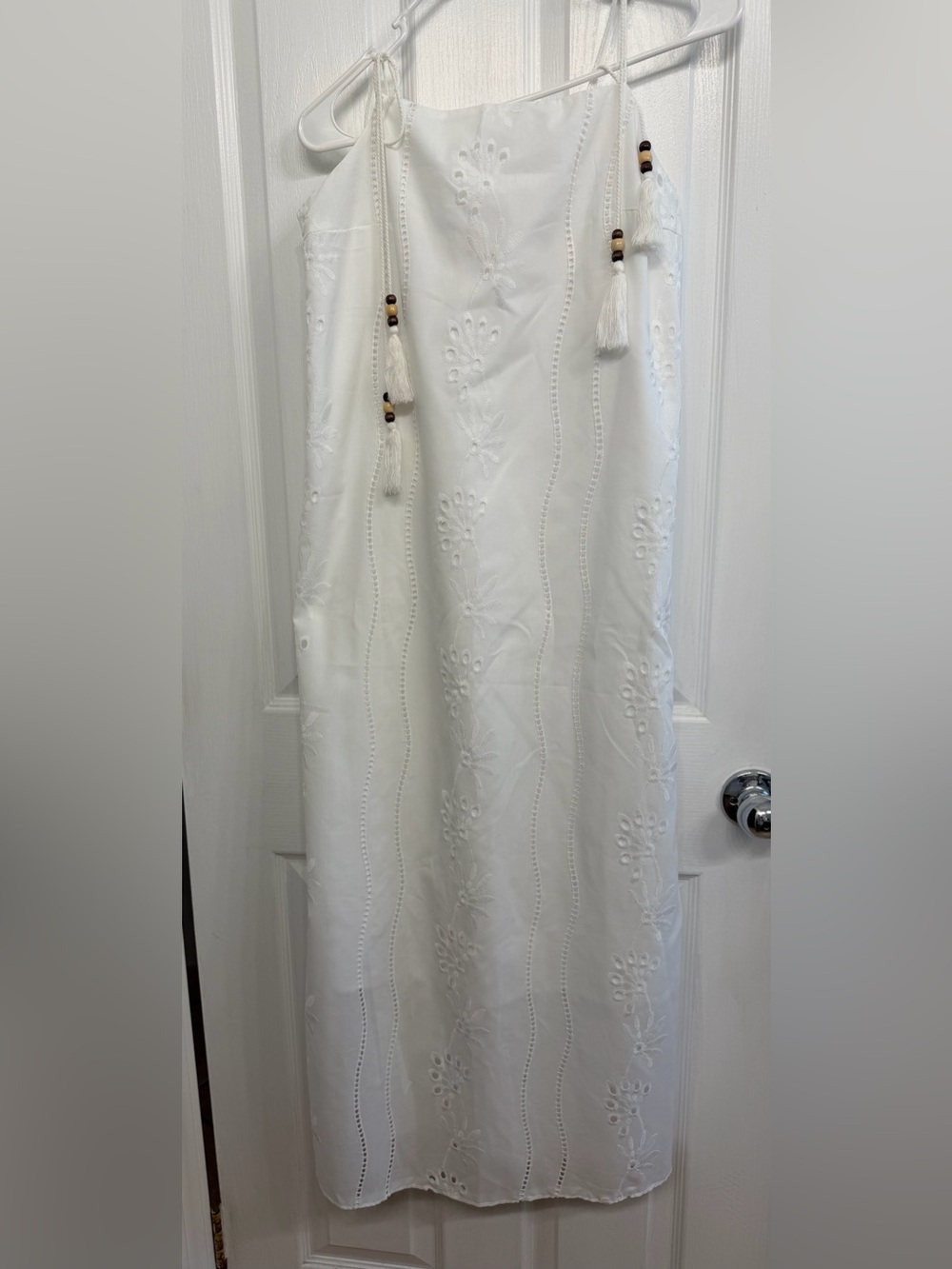 White Embroidered Tassel Strap Maxi Dress